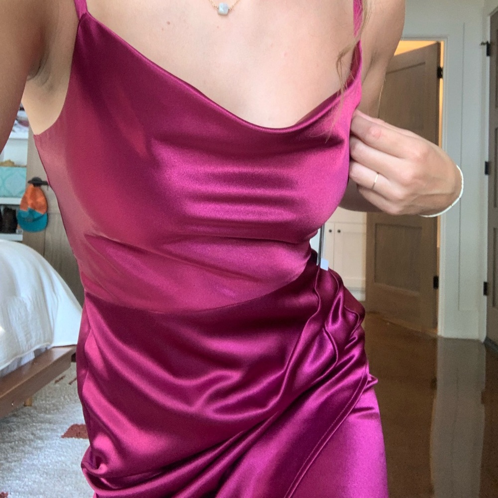 Red silk cowl neck dress